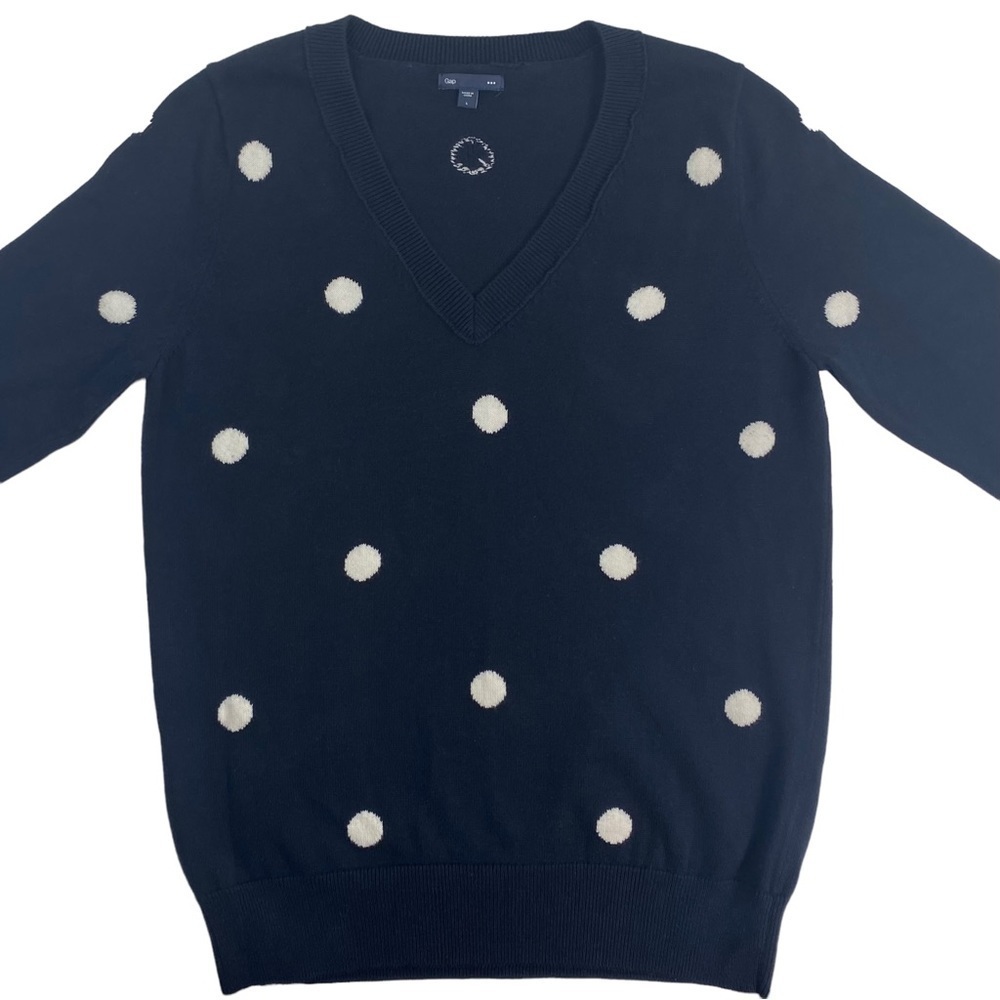 GAP Factory Women’s Navy 100% Cotton V-Neck Sweater, White Polka Dots, Size L - Picture 6 of 12